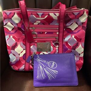 NWOT Mint Condish Coach Poppy Tote. Gorgeous vibrant bag! & NWOT Purple Clutch